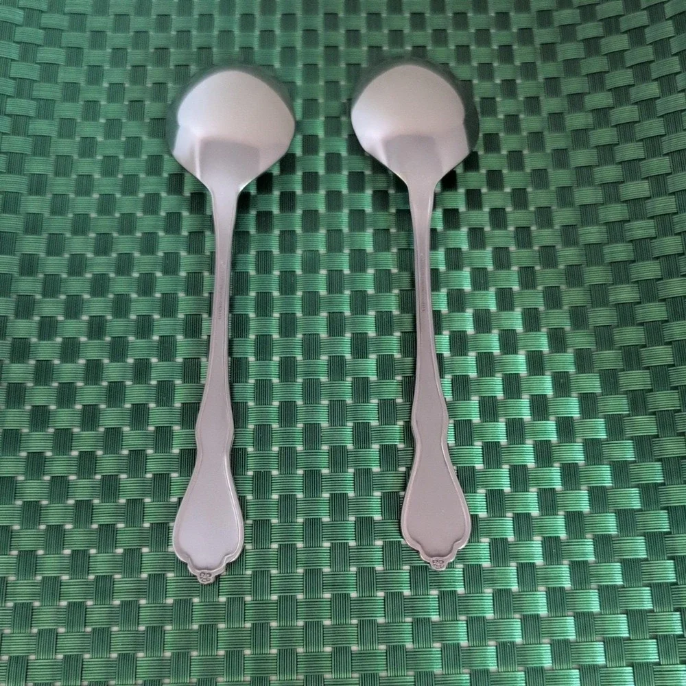 Oneida MORNING BLOSSOM Soup Spoons Set Lot of 2 Stainless Burnished Floral USA